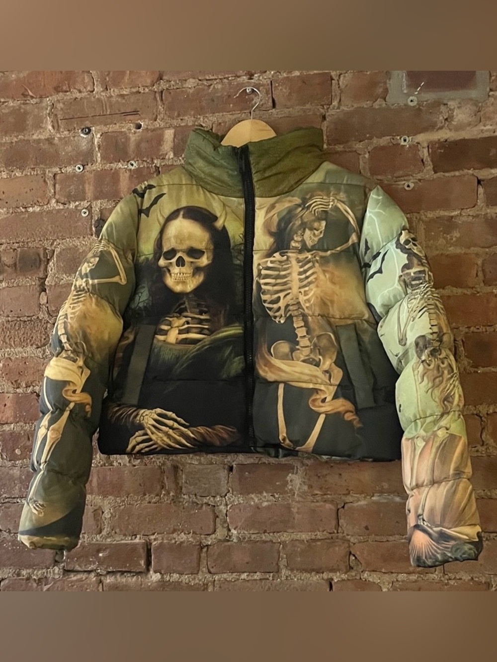 Skeleton Print Puffer Jacket in Olive and Black